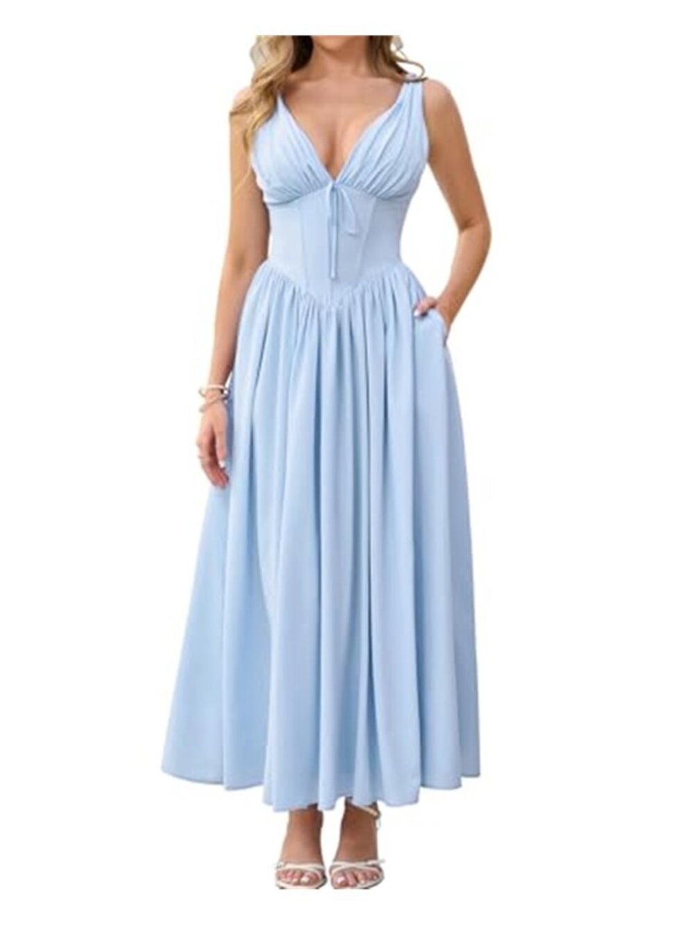 Women's Summer Corset Midi Milkmaid Dress Casual V Neck Flowy A Line Sundress